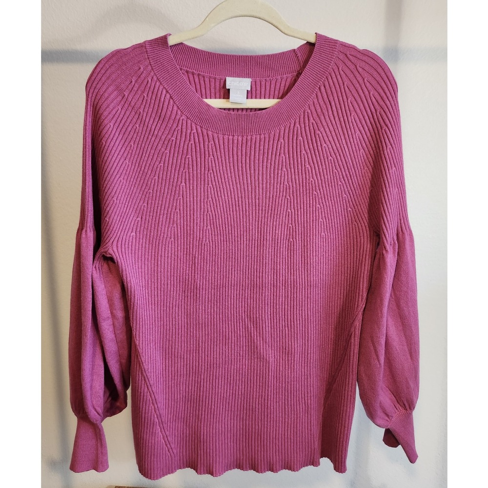 Chicos Sweater Size XL Ribbed Knit Balloon Sleeve Pullover Fuchsia